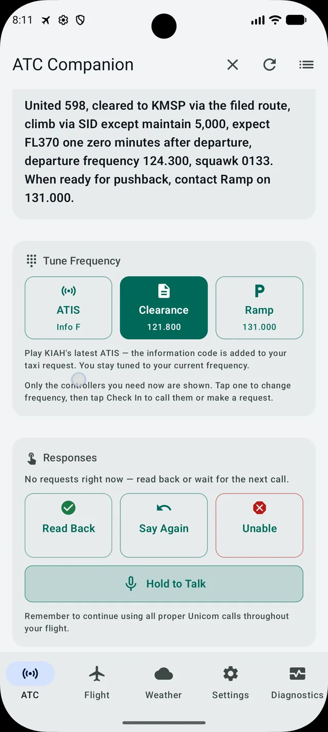 The clearance, in full, with Read Back / Say Again / Unable underneath and Hold to Talk below them.