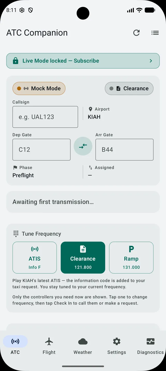 The ATC tab before the first call. Mock Mode is on in this screenshot, the flight plan reads KIAH, gate C12 to gate B44, and the phase is Preflight. Only Clearance is offered.
