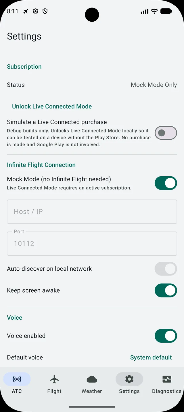 Settings screen showing Subscription status Mock Mode Only, the Infinite Flight Connection section with Mock Mode on and Host/IP and Port fields empty, auto-discover off and Keep screen awake on.