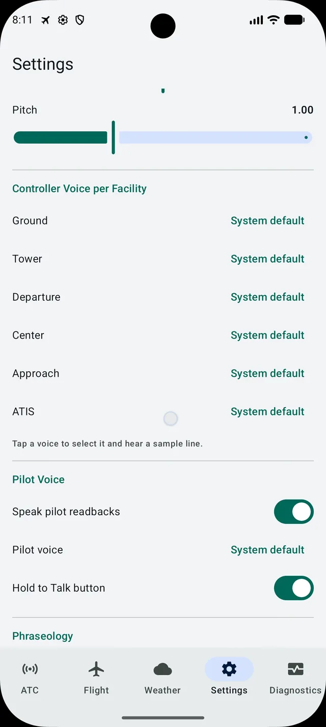 Settings screen showing the Pitch slider, Controller Voice per Facility rows for Ground, Tower, Departure, Center, Approach and ATIS, and the Pilot Voice section with Speak pilot readbacks and Hold to Talk button switches.