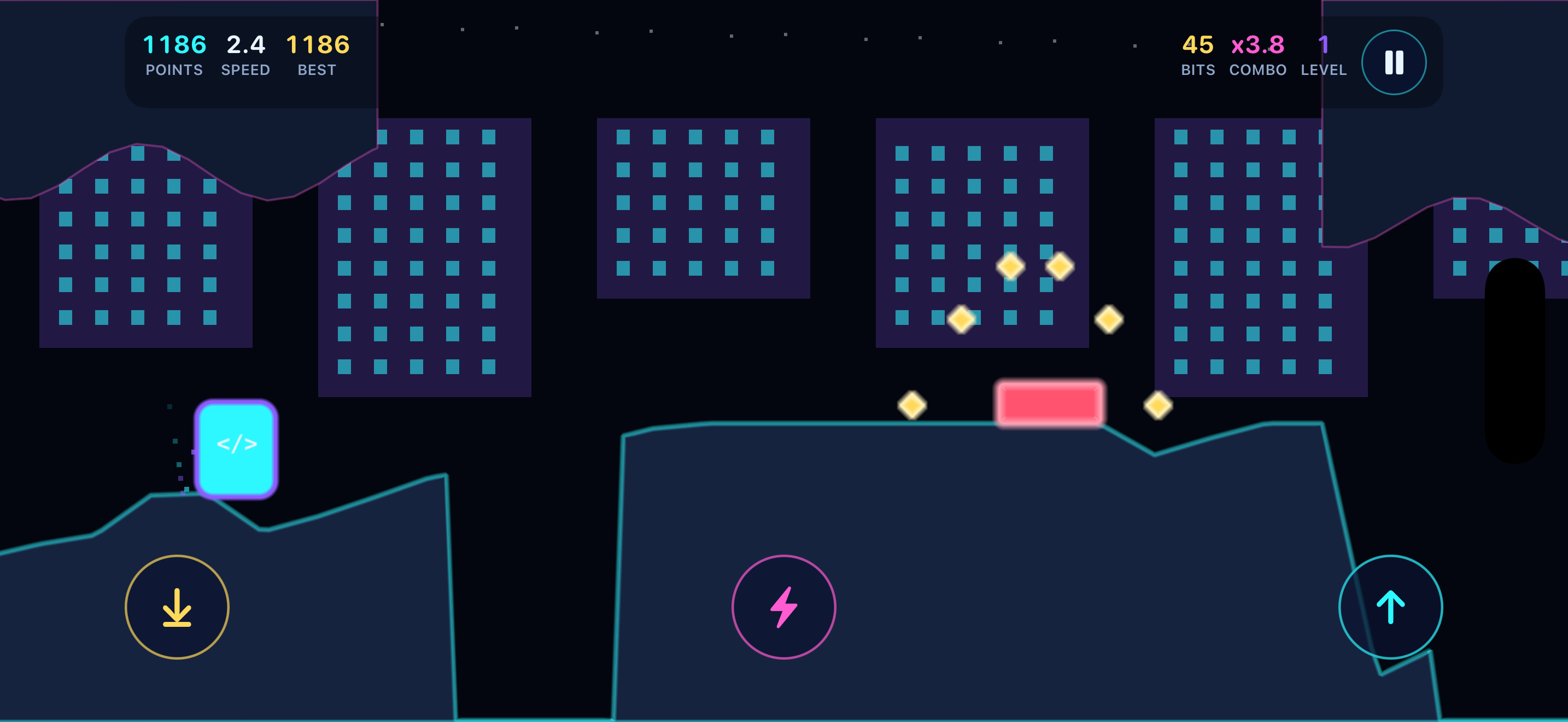 Tech Flow Runner gameplay — the Runner crossing a neon circuit-board landscape with score, bits and combo multiplier on the heads-up display